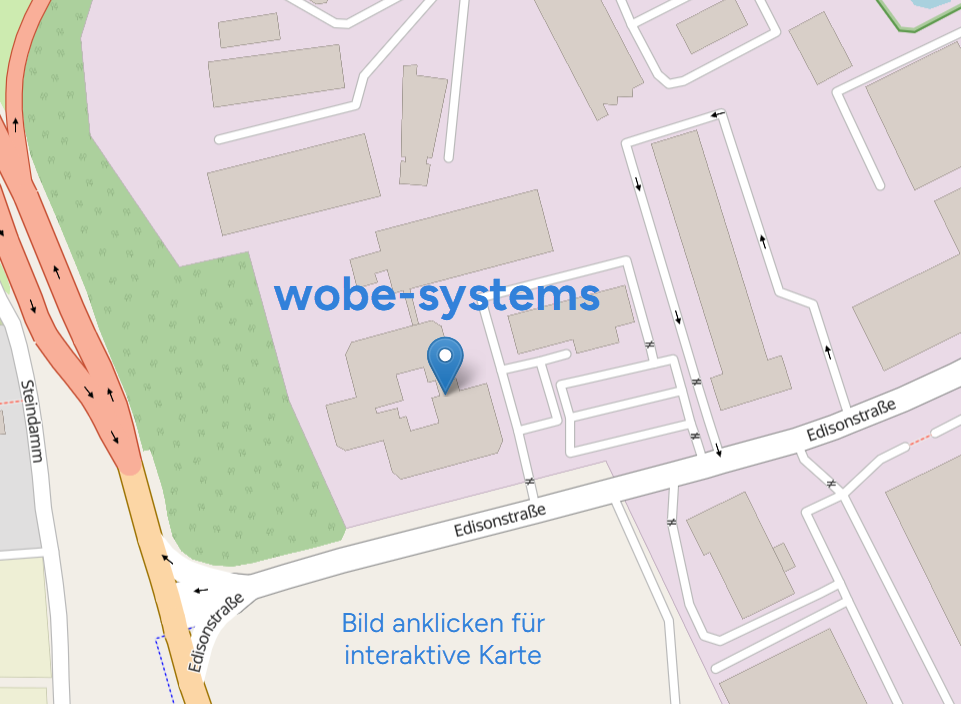 Kartendarstellung des wobe-systems Standorts in Kiel. Anklickbarer Link der zu Open Street M;aps weiter leitet.