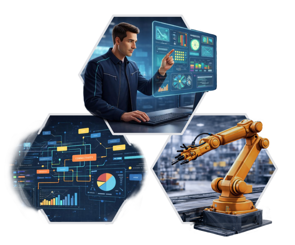 Drei Waben: Oben Mensch bedient ein Headup Display, links Dashboard, rechts Ropoterarm