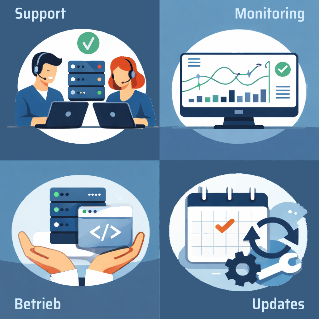 Ein bild im Icon Stil zeigt vier Bereiche. Oben Links Support Team, oben rechts Monitoring, unten links Softwarebetrieb, unten rechts geplante Updates